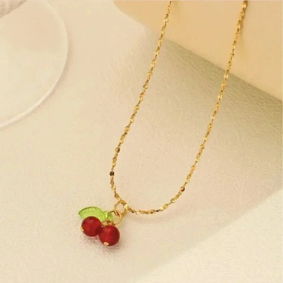 NWT Gold Cherry Necklace - Red Beads Stainless Steel Waterproof Adjustable Chain - Picture 4 of 6